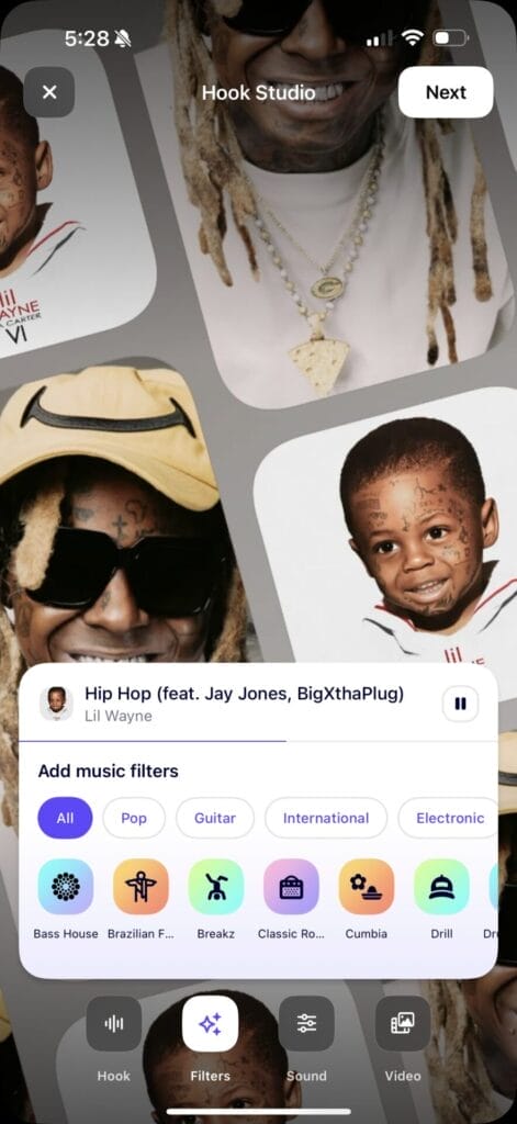 Screenshot of selecting a music filter for a remix of Lil Wayne's "Hip-Hop" song on the Hook app.