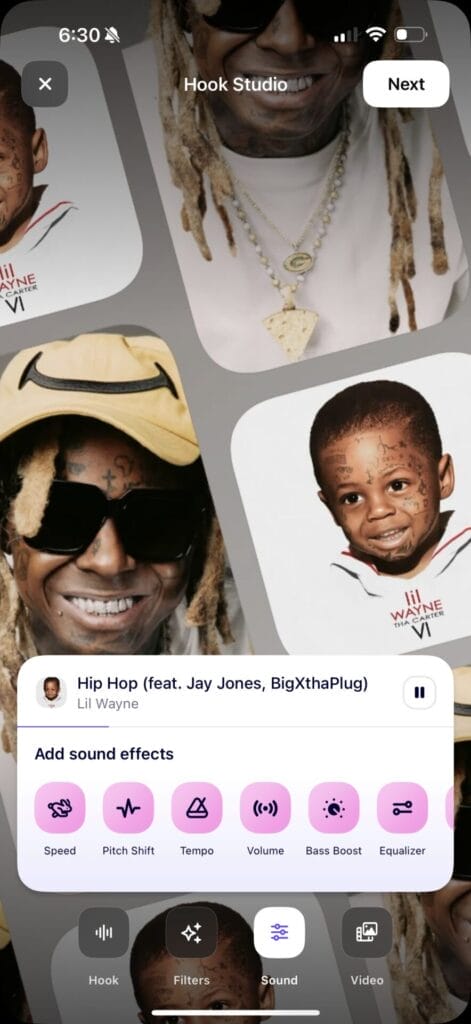 Screenshot of selecting a sound effect for a remix of Lil Wayne's "Hip-Hop" song on the Hook app.
