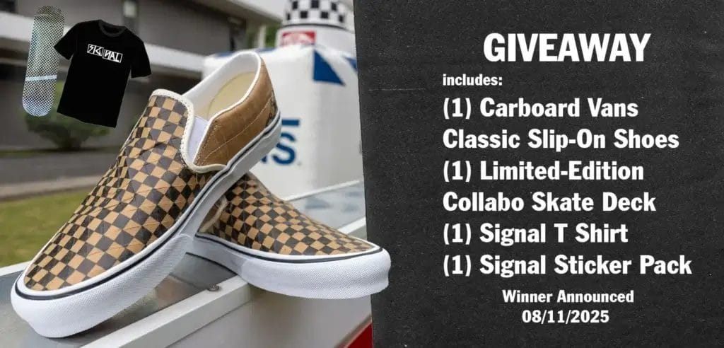 Image of the cardboard Vans sneakers on the left along with the rest of the giveaway package while on the right are details of the prize package and the date of the winner announcement.