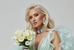Kateryna Buzhynska posing for a promotional photo, where she's dressed n a blue dress and holding a bouquet of white flowers.