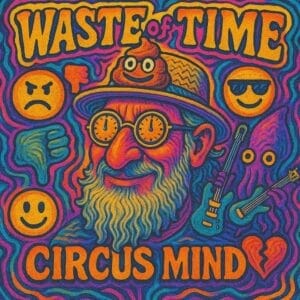 Official single cover artwork for "Waste of Time" by Circus Mind which sees an AI drawing image of a man with blue and orange and purple colour tones. It has a funky vision to it with various emojis around the man's artistic impression,