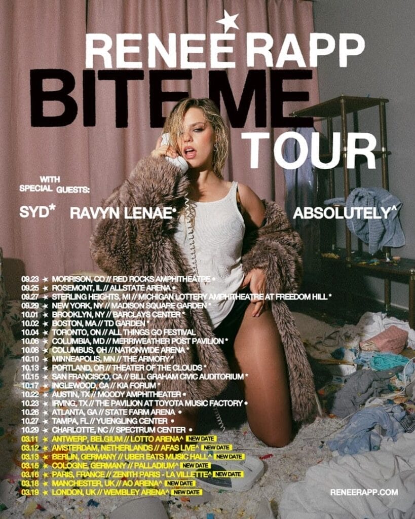 Official updated BITE ME Tour poster, now with the European dates, which shows Reneé Rapp kneeling on a bed, wearing a white top under a fluffy coat, with her hair wet and holding an old-fashion telephone to her ear. The list of dates overlay the image.