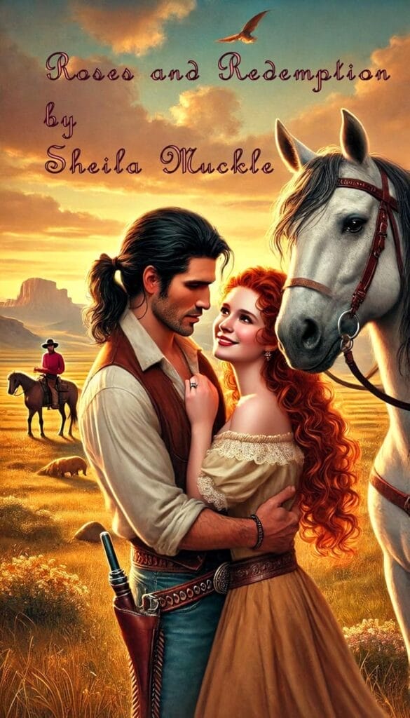 Official book cover of "Roses and Redemption" by Sheila Muckle which sees a red headed woman in the embrace of a man who has his long black hair tied up, while a grey horse appears beside her and a working ranch is in the background.