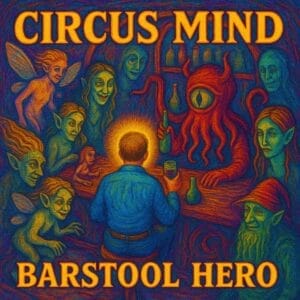 Official album cover artwork for "Barstool Hero" by Circus Mind, which shows a man at a bar sitting on a stool being surrounded by evil.