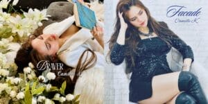 Collage of the two single cover artworks with "Braver" on the left showing Camille K reading a book amongst white flower, while the right shows the "Facade" where Camille K is sitting on a chair looking sexy and powerful dressed in a black jacket and a black top with matching knee-high boots.