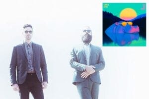 Promotional photo of Capital Cities which shows the duo wearing suits and the photo being overexposed. In the top right corner is the official single cover artwork for "Late For School" which shows a nightglow cartoon effect of a hippo wearing sunglasses with the sun setting behind.