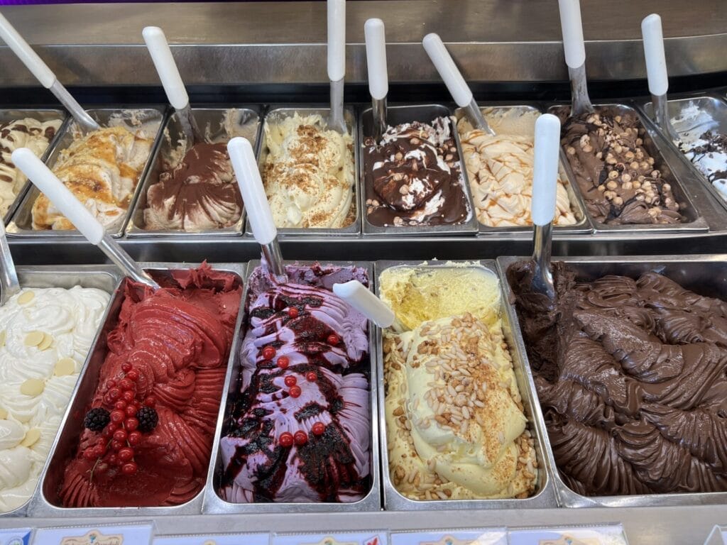 Gelato displayed at Gelateria Dondoli.