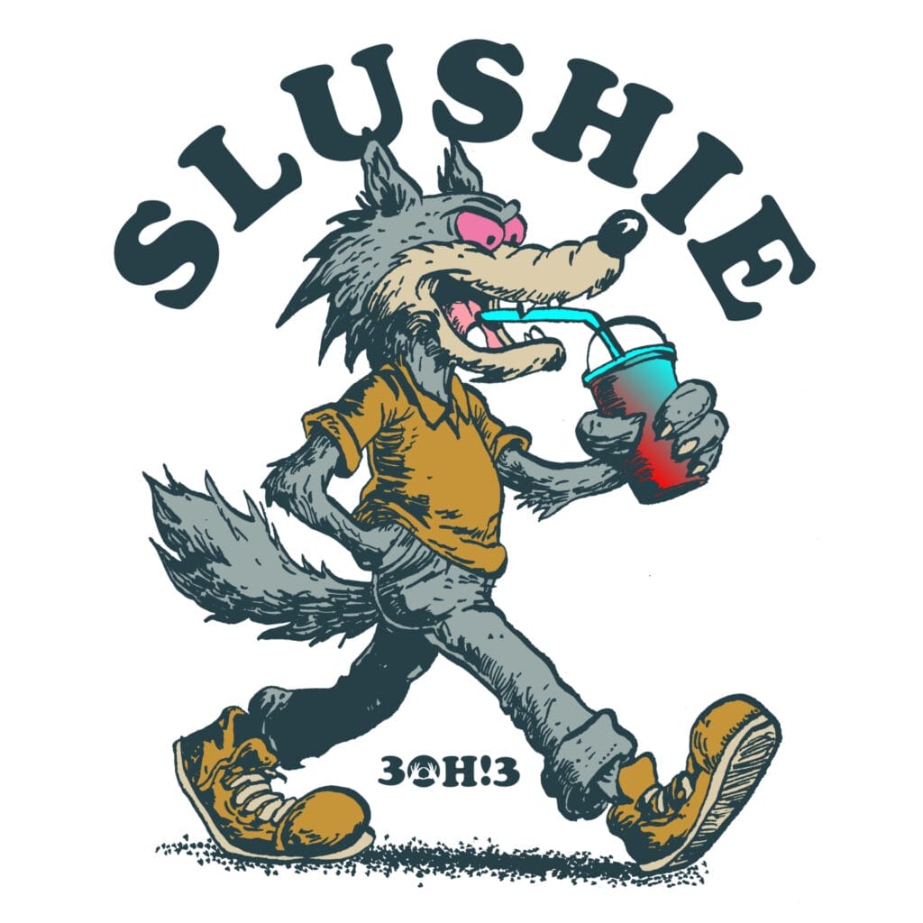 Official single cover artwork for "SLUSHIE" by 3OH!3 which shows an animated character of a werewolf wearing human clothing and walking on two legs while drinking a slushie. The song's title is displayed in a half-circle above him.