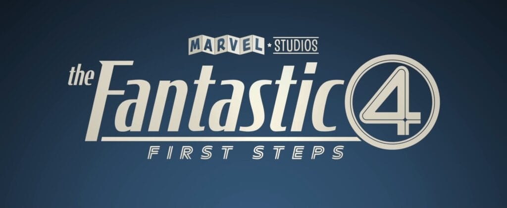 Still from the official trailer that shows white text which says The Fantastic 4: First Steps in the official font, with Marvel Studios text above, all on a dark blue background.