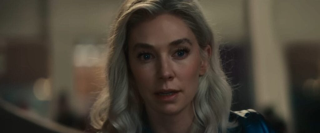 Still from the official trailer of The Fantastic Four: First Steps, which sees a close-up head shot of Sue Storm.