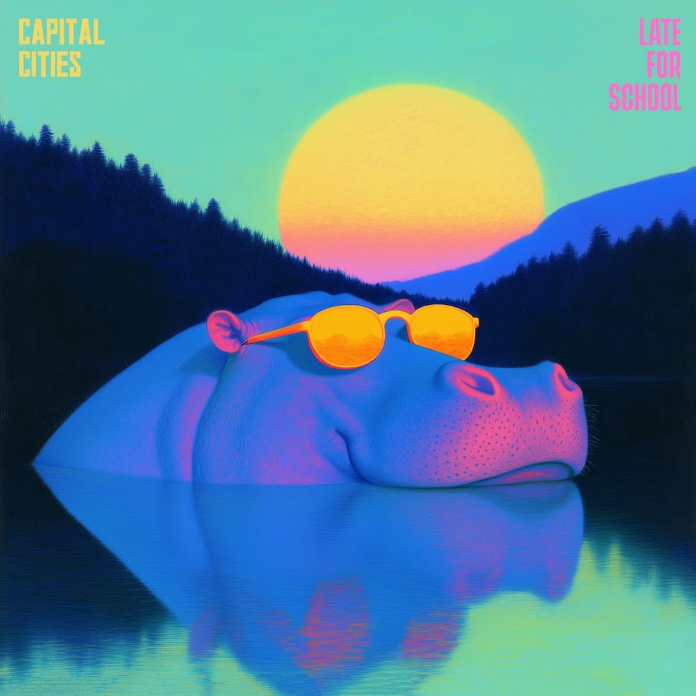 Official single cover artwork for "Late For School" which shows a nightglow cartoon of a hippo wearing sunglasses with the sun setting behind.