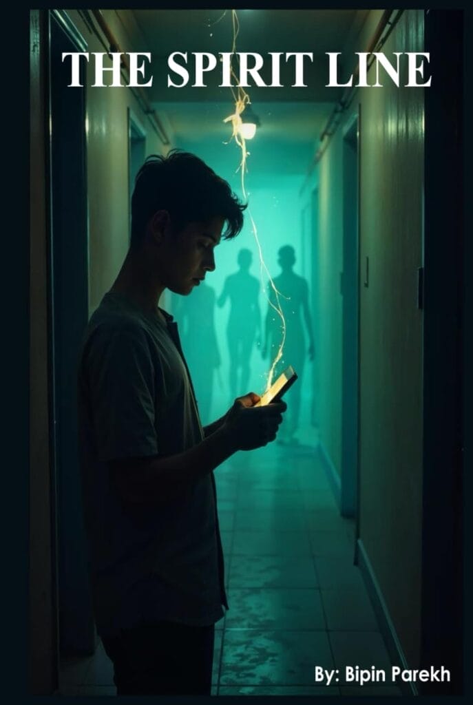 The official book cover for "The Spirit Line" by Bipin Parekh which shows a boy in a corridor on his phone which is sending a yellow spiritual signal up to the ceiling. The cover has a green filter to it.