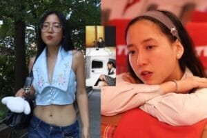 Collage of two stills from "The Plot" and "Gut Feeling" music videos, with the left showing ÊMIA walking down a street in a blue crop top, and the right image showing ÊMIA on a plane with her arms on the top of the headboard of the seat in front of her where she is resting her head on her arms. In the middle of the two photos are two small images which show the cover artwork of the two single releases.