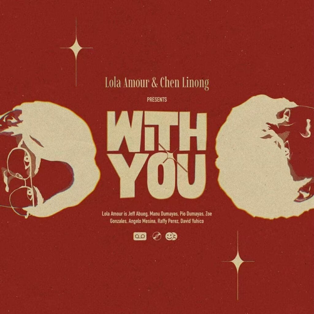 Official single cover artwork for "With You" which is in a maroon-red colour and features silhouettes of two faces facing each other on either side. Bold text in the centre reads "With You." Stars adorn the background, creating a vintage, romantic tone.