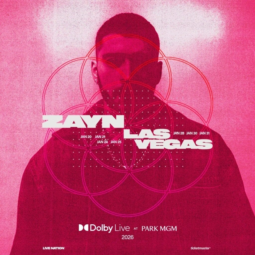 Official advertising poster for ZAYN's Las Vegas Residency at Dolby Live at Park MGM, which shows ZAYN as a silhouette on a pink background with abstract circular patterns. Bold white text reads, "Zayn Las Vegas" with concert dates and venue details.