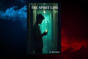The official book cover for "The Spirit Line" by Bipin Parekh which shows a boy in a corridor on his phone which is sending a yellow spiritual signal up to the ceiling. The cover has a green filter to it, and the book is shown in front of a background of blue smoke to the left and red smoke to the right.
