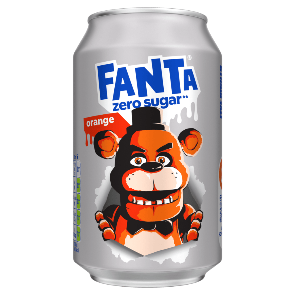 Fanta Zero Sugar Orange can in silver with Freddy Fazbear on the front.