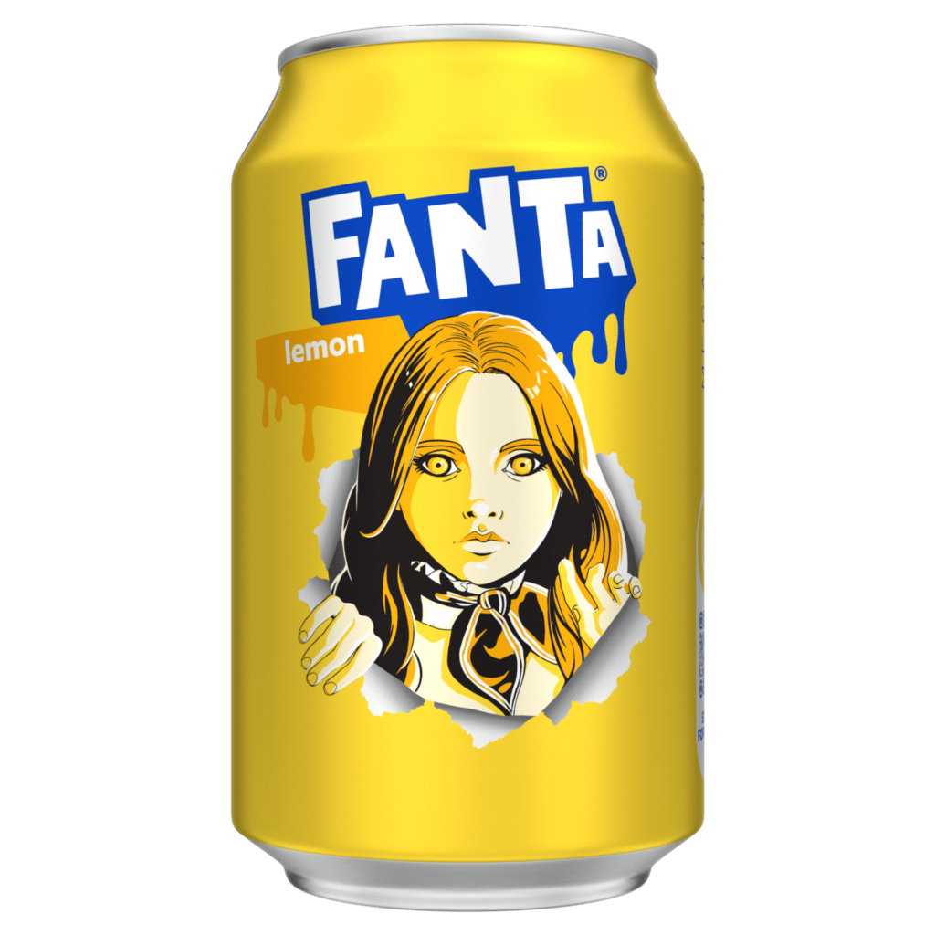 Fanta Lemon can in yellow with M3gan on the front.