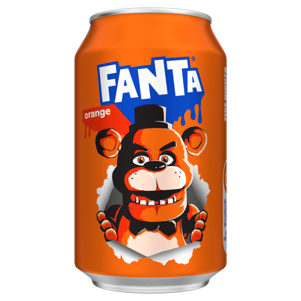 Fanta Orange can in orange with Freddy Fazbear on the front.