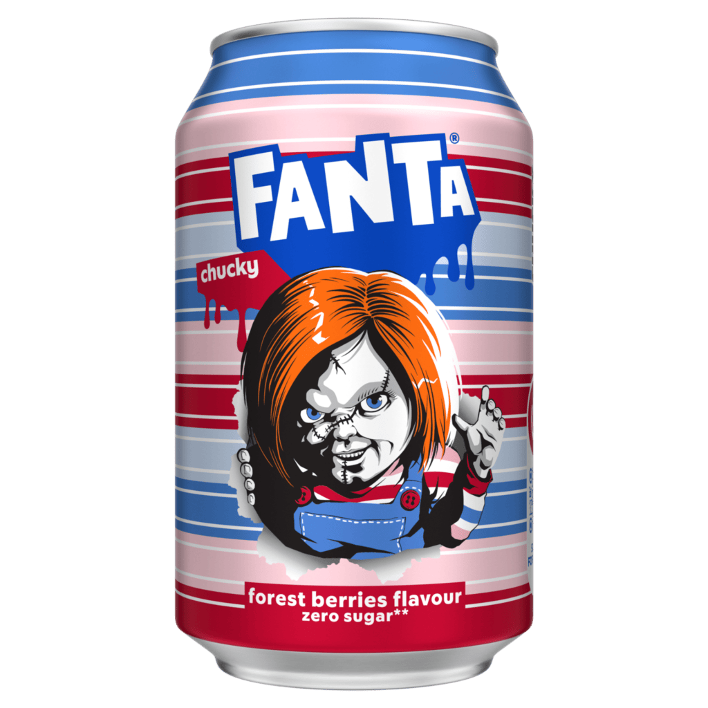 Fanta Chucky can in blue, white, pink, and red stripes with Chucky on the front.