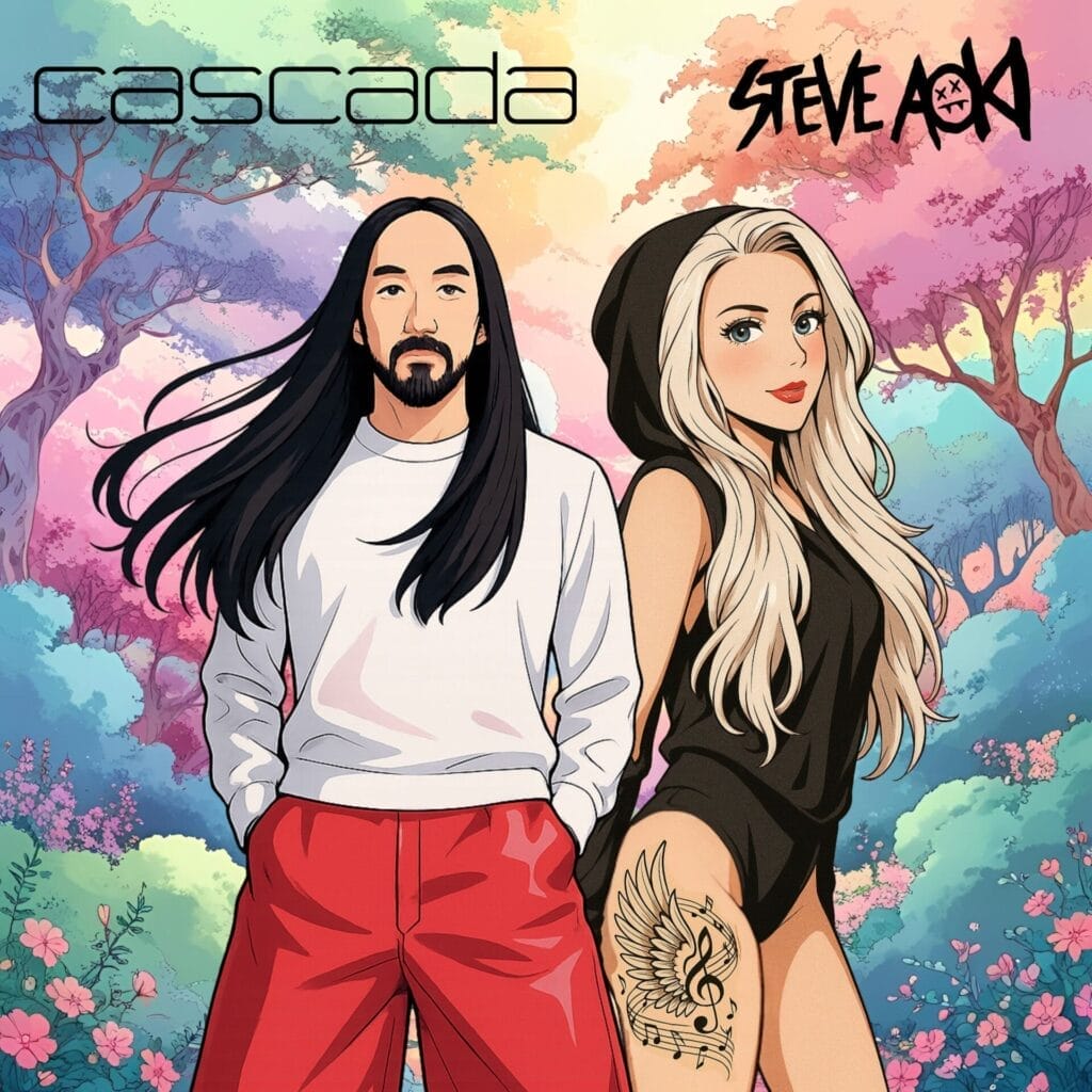 Official single cover artwork for "Everytime We Touch" which sees AI-generated animated versions of Steve Aoki on the left in a white sweater and red shorts, and Cascada on the right with a musical note tattoo on her thigh in a black sleeveless and hooded outfit, set against a colorful, dreamy forest background.