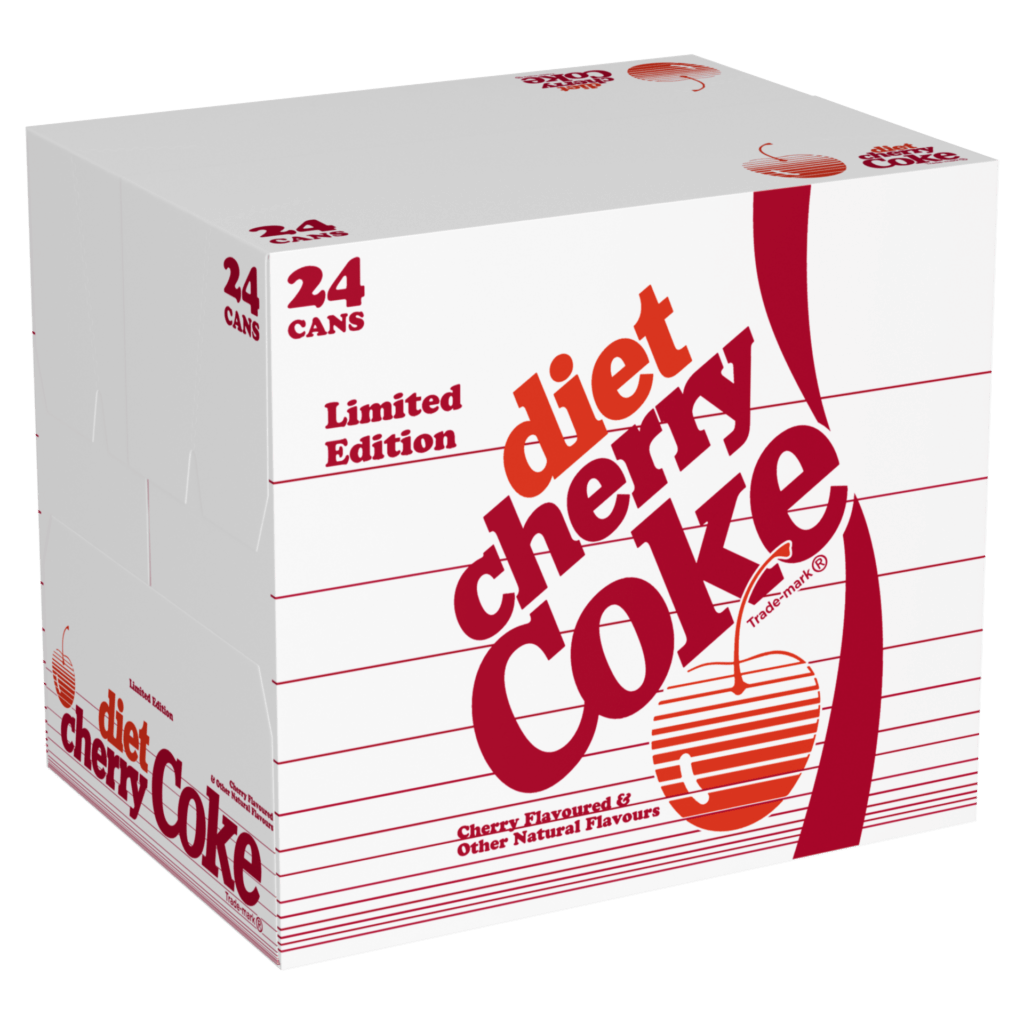 A white 24-can pack of limited edition Diet Cherry Coke featuring bold red text and a cherry graphic. The design emits a nostalgic, retro vibe.