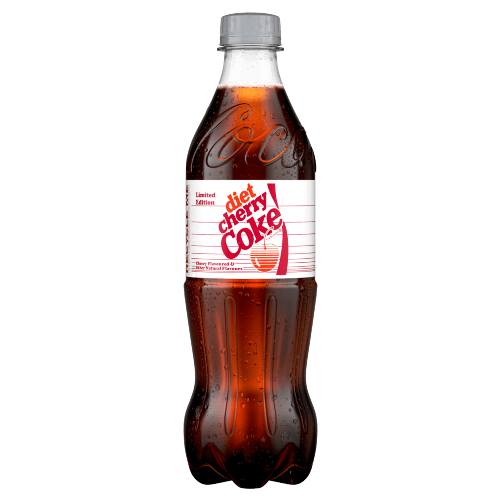 A 500ml plastic bottle of Diet Cherry Coke with a red and white label on a black background. The label reads "Limited Edition" with a cherry design.