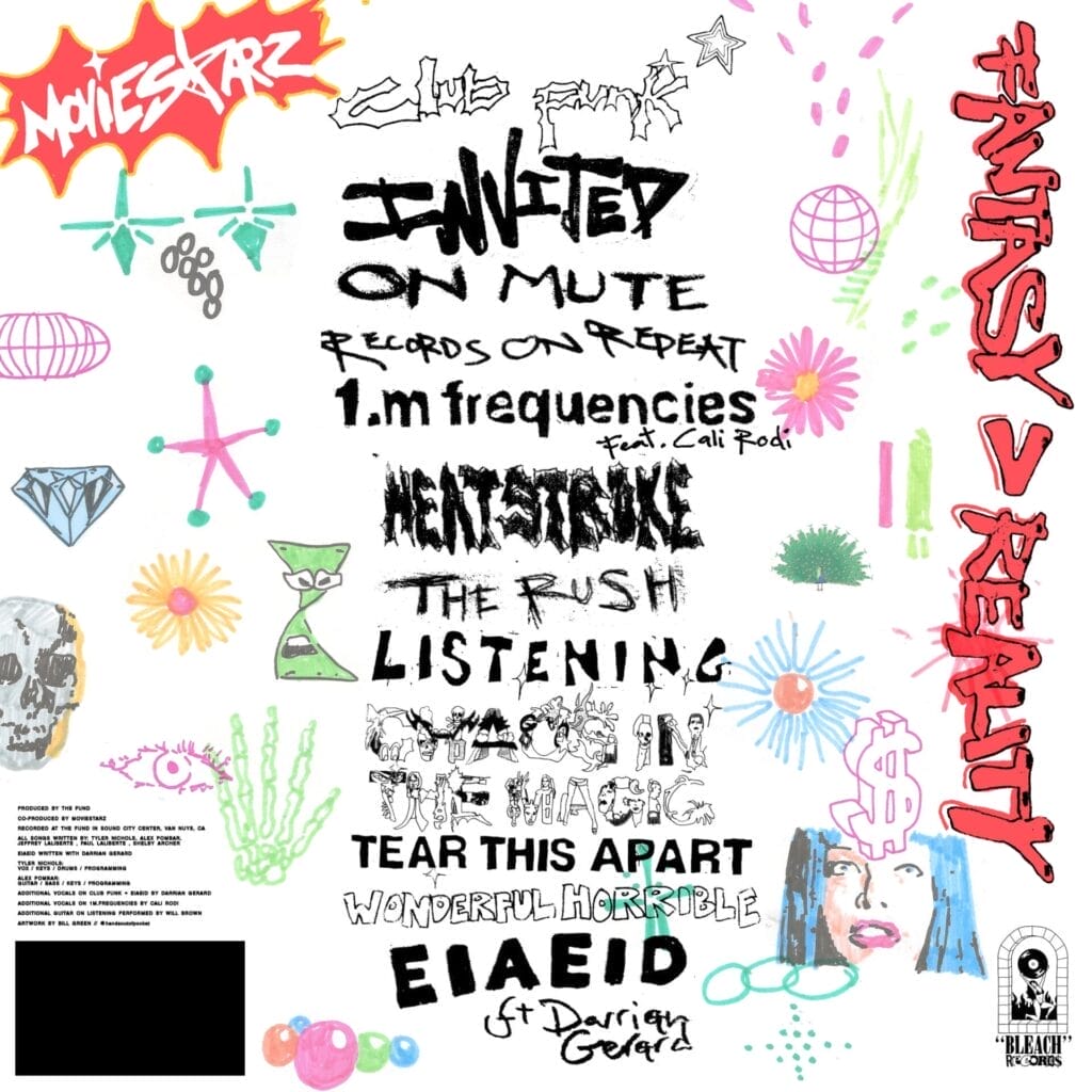 The "FANTASY > REALITY" back cover showing the tracklist. Colourful, abstract back cover with doodles of stars, eyes, and geometric shapes. Text in varied fonts lists song titles. Right text reads “FANTASY > REALITY.”