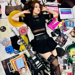 Official single cover artwork for "Let's Face It" which shows Camille K in a black outfit with headphones, lying on the floor surrounded by vinyl records, guitars, a laptop, and books, conveying a music-inspired creative vibe.
