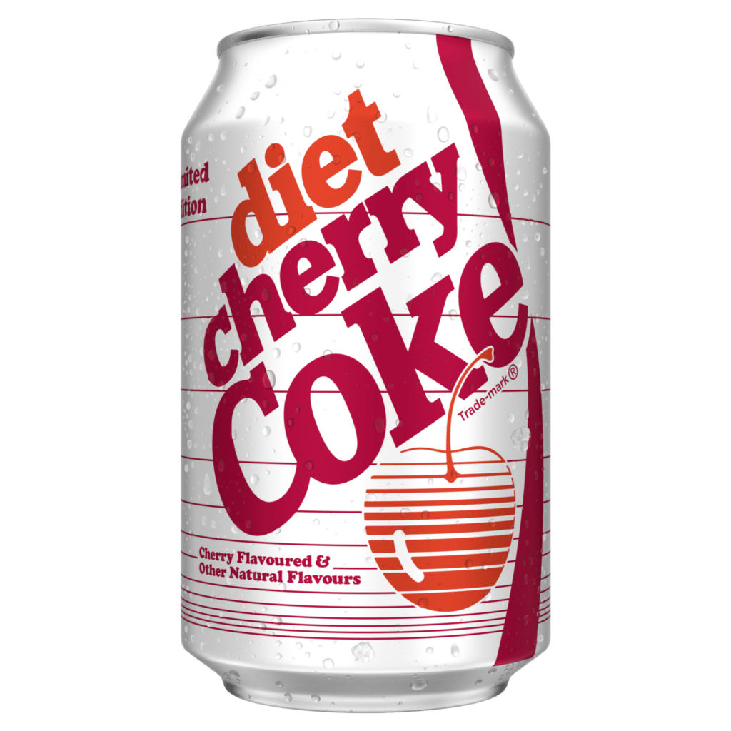 Diet Cherry Coke Returns with Retro Packaging That Celebrates Nostalgia and Design 12 A can of Diet Cherry Coke with red and orange text on a white background, featuring a cherry graphic. The can is dotted with water droplets.