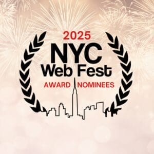 Fireworks illuminate the logo of the 2025 NYC Web Fest Award Nominees. The logo features a New York City skyline and is framed by black laurel branches.