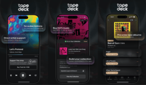 Three smartphone screens displaying the Tape Deck music app interface with features like direct artist support, no subscriptions, Hi-Fi music purchase, and pre-ordering new albums. Each screen shows colourful, artistically vibrant album artwork. The tone is modern and user-focused, highlighting features like building your collection and unlimited listening.