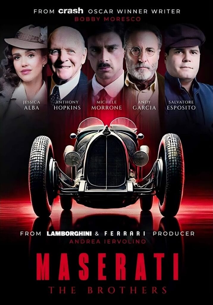 Movie poster for "Maserati: The Brothers" featuring five actors above a vintage car on a red background. Bold, dramatic text highlights key names.
