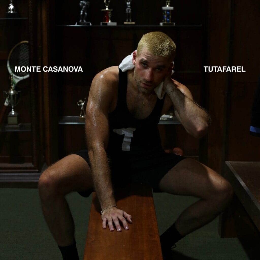 Official album cover artwork for "Monte Casanova" which shows Tutafarel dressed in black athletic tank top and shorts with a towel around his neck sitting on a bench in a dimly lit trophy room. He's conveying exhaustion and determination.