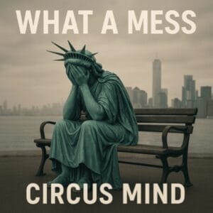 Official single cover artwork for "What a Mess" by Circus Mind which shows the Statue of Liberty sitting on a bench, head in hands, against a cloudy New York City skyline. Text above reads "What a Mess", below "Circus Mind", evoking despair.