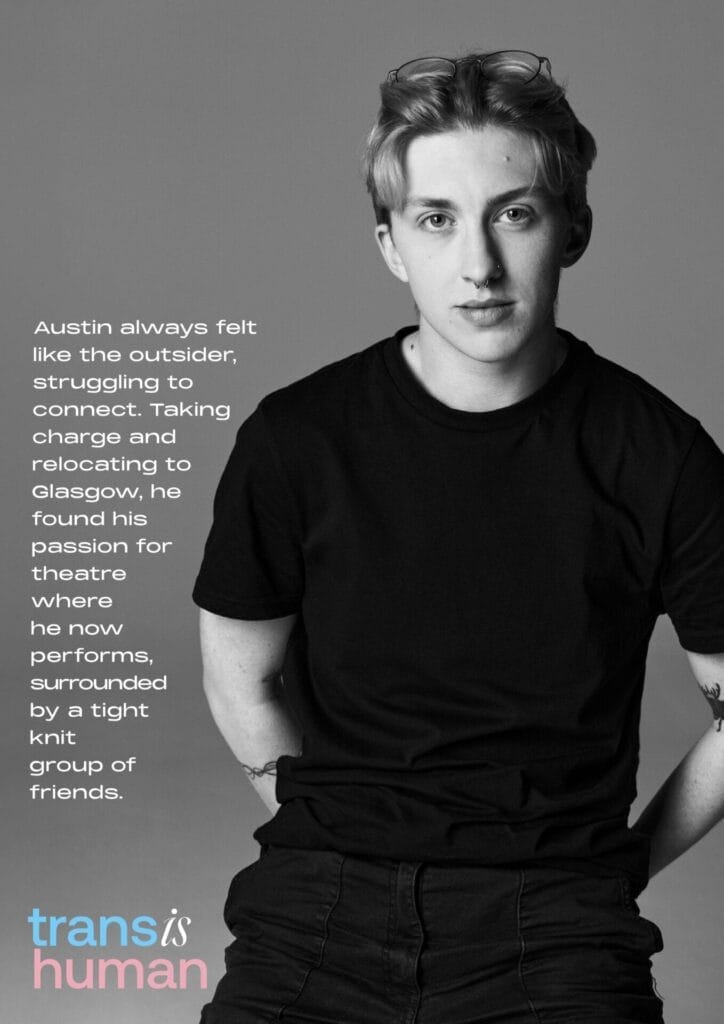 Austin with short hair and a nose ring, wearing a black t-shirt, looking confidently at the camera. Text to the left narrates their journey to finding passion and community. The phrase "trans is human" is at the bottom. The tone is empowering and reflective.
