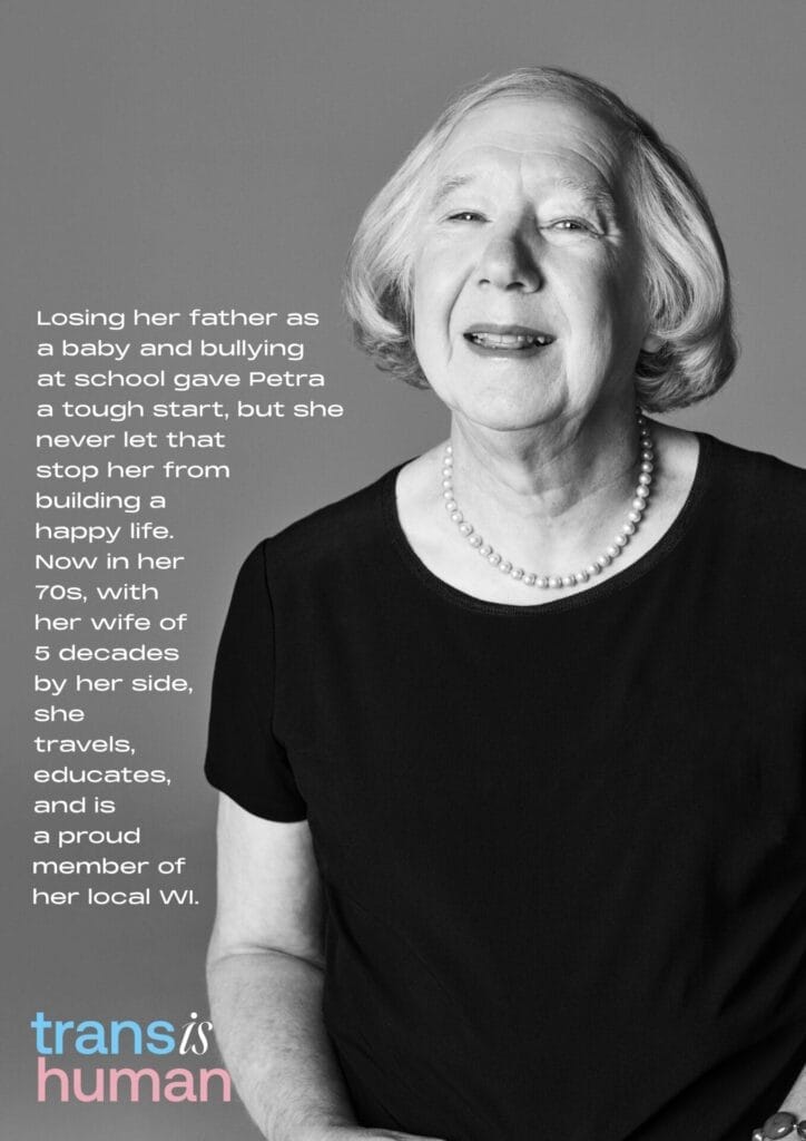 Elderly woman, known as Petra, smiling warmly, wearing a pearl necklace and black top. Inspirational text beside her, with "trans is human" highlighted below.