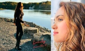 Collage of two photos with the left photo being the official single cover artwork for "Lonely" which shows Camille K in black standing by a serene lakeside with autumn trees. The image on the right shows a pensive close-up showing her looking right.