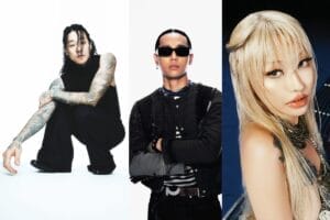 Collage of three press profile photos. Left: Bryan Chase in black with tattoos and long hair, crouching. Middle: Sik-K with sunglasses and a striped shirt. Right: Camo with platinum blonde hair and bold makeup.