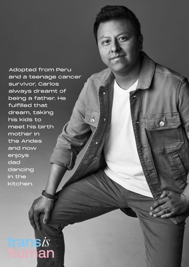 Catlos in a denim jacket sitting confidently against a neutral background. Text beside him shares his story of being a Peruvian adoptee and father. At the bottom, colorful text reads "trans is human." The tone is heartfelt and inspiring.