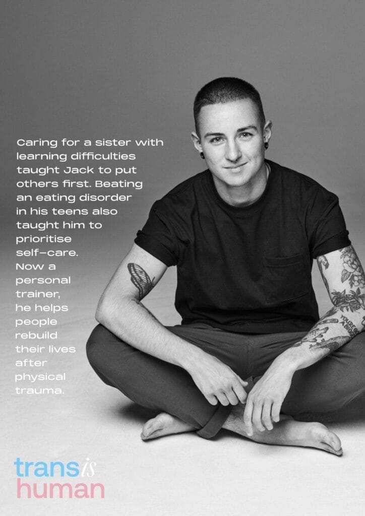 Jack with short hair and tattoos sits cross-legged, smiling softly. Text describes their journey of self-care and supporting others. Tone is hopeful.