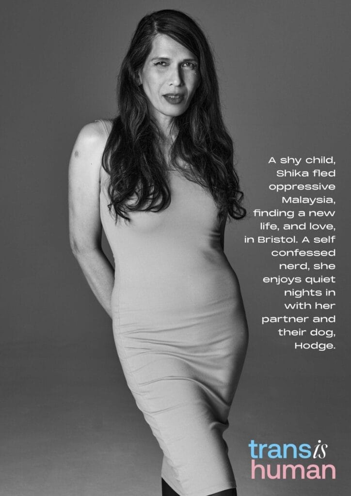 Black and white portrait of Shika in a sleeveless dress, standing confidently. Text beside her narrates her journey and love for quiet nights. Text "trans is human" emphasizes identity.