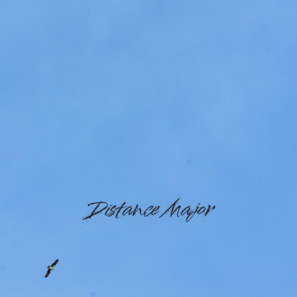 Official album cover artwork for "Distance Major" which shows a solitary bird soaring in a vast, clear blue sky. The words "Distance Major" are centrally placed in elegant script, evoking a serene, expansive feeling.