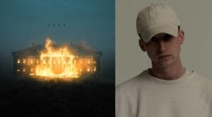 Collage of two photos, the left photo being the official EP cover artwork for "FEAR" which shows a large mansion in flames under a dark sky; and on the right, NF looking serious in a beige cap and sweater against a plain backdrop.