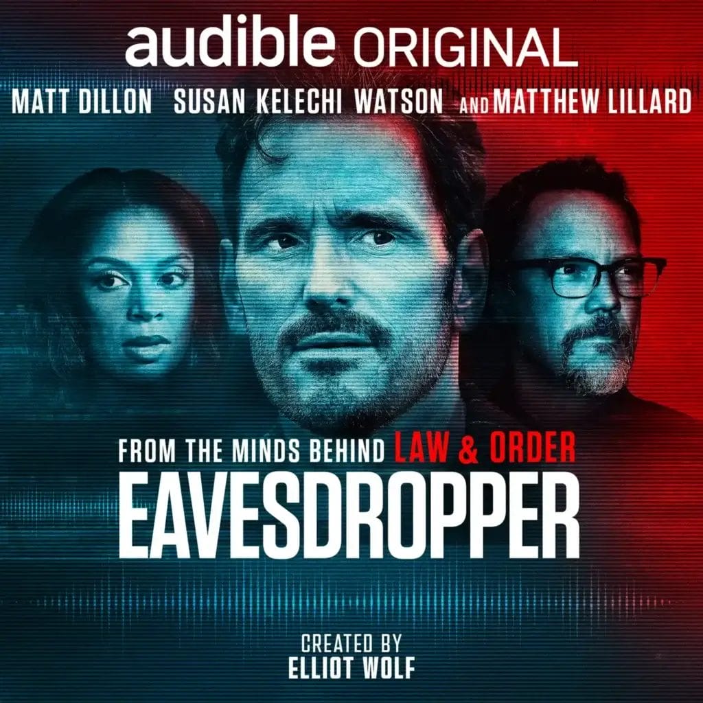 Audible Original cover for "Eavesdropper" features three serious, contemplative faces in blue and red tones, promoting a tense, dramatic atmosphere.