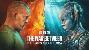 Promotional image for BBC's The War Between: The Land and the Sea, which shows Russell Tovey and a sea creature (Gugu Mbatha-Raw) facing each other. The left side has an orange, fiery background, while the right side features a blue, aquatic setting. The mood is intense and confrontational.