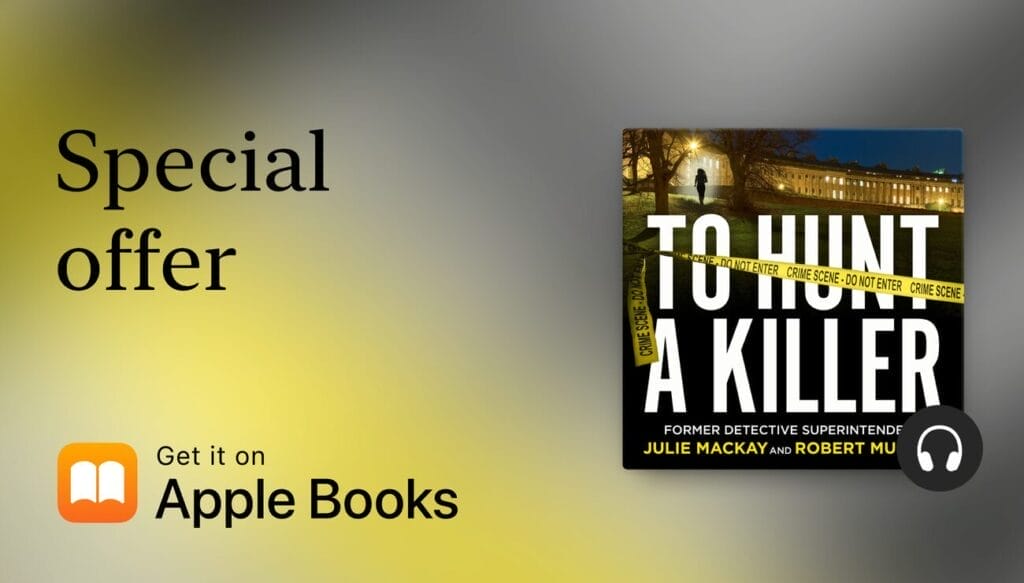 Advertisement for Apple Audio Book with the cover for "To Hunt a Killer" on the right with crime scene tape, set against a nighttime cityscape. Text reads on the left: "Special offer. Get it on Apple Books."