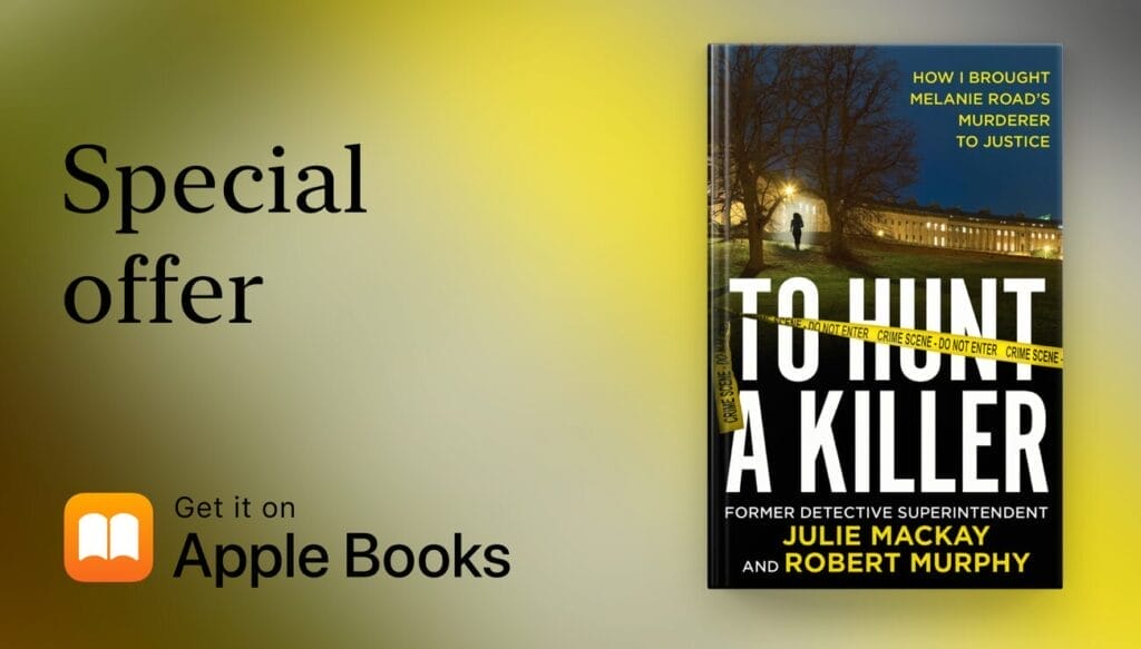 Special offer advertisement for "To Hunt a Killer" by Julie Mackay and Robert Murphy, available on Apple Books. The cover, which is on the right, shows a silhouetted figure under a tree at night while text on the left reads "Special offer. Buy it on Apple Books."